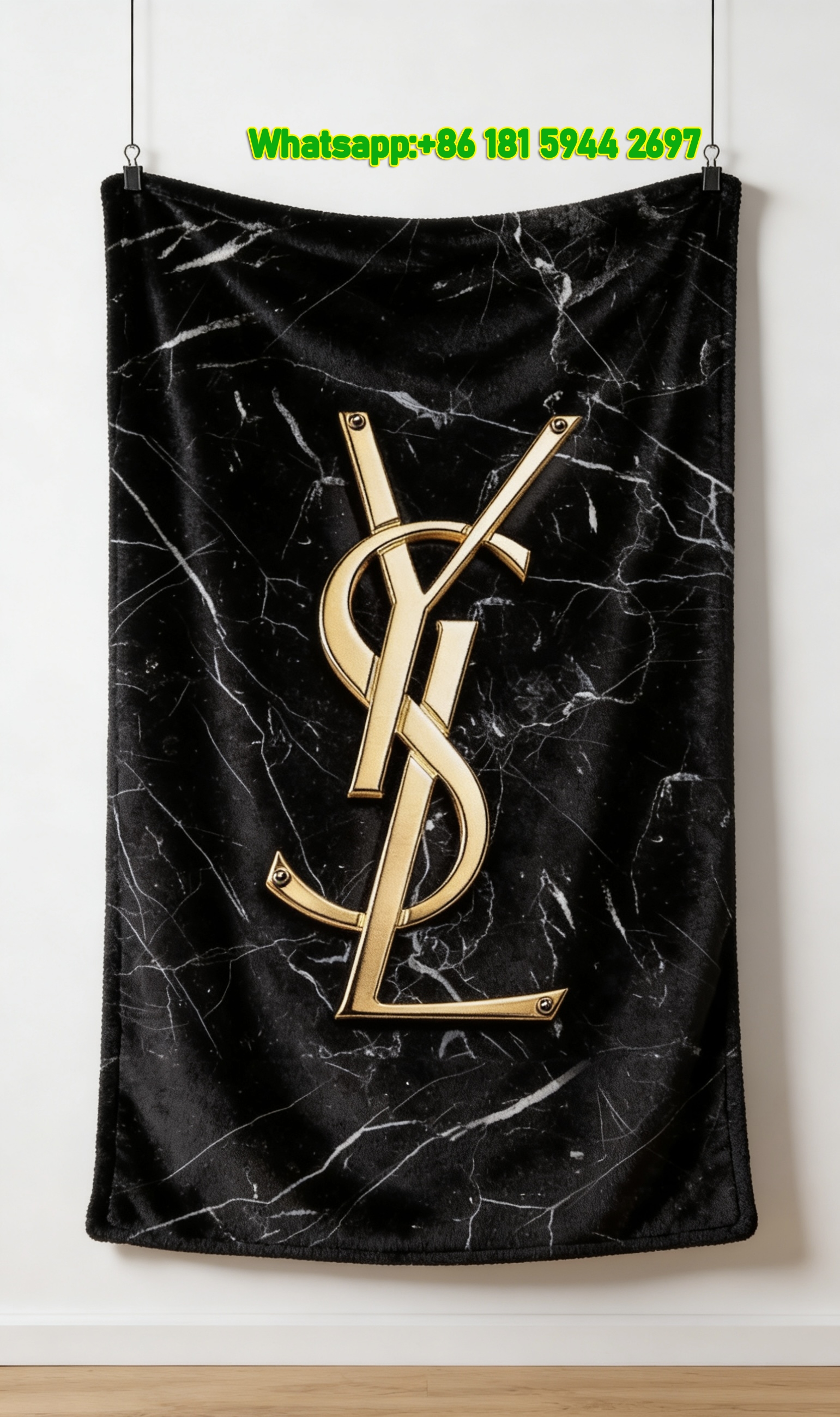Yves Saint Laurent YSL Black Gold Metallic Logo Print Flannel Sofa Throw Blanket Luxury Modern Decor Blanket IMG_3227